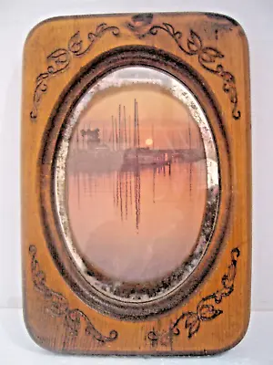 Antique Oval Mirror W/Picture In Oak Wood Frame W/Carved Designs Wall Hanging • $49.99