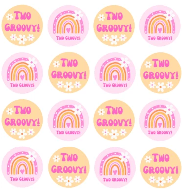 Two Groovy Cupcake Toppers X12 Retro Rainbow Daisy Icing Circle 2nd Birthday 555 • $13.95