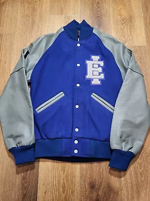 Wool Letterman Varsity Jacket Blue Grey E Patch Maverick Award Size 36 Small  • $54.99