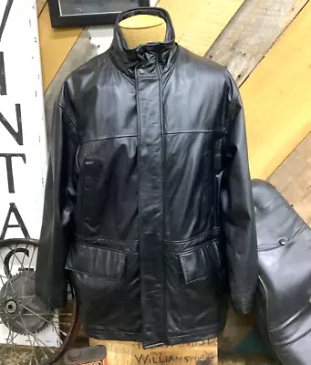 Colebrook- Black Leather 3/4 Length Trench Coat- Adj Waist- Lined- Men's Med • $54.95