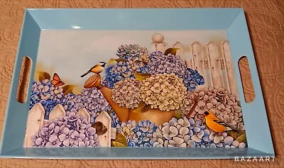 Spring Floral Inspiratiomal Serving Tray Melamine Birds Hydrangeas Pastel Blue • $22.50