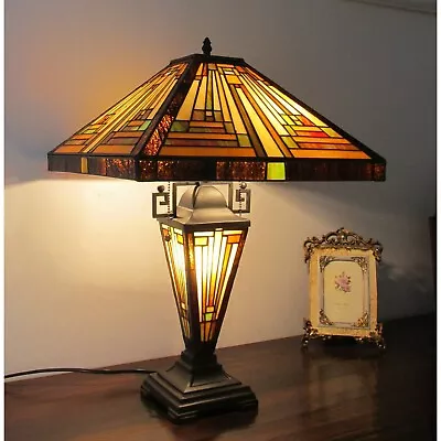 Tiffany Style Mission Table Lamp Beige Amber Stained Glass Shade Lit Metal Base • $199.95