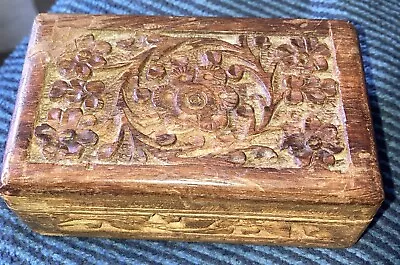 Vintage Hand Carved Wooden Jewelery/Trinket Box Floral Design ~ Stash ~ India • $0.99