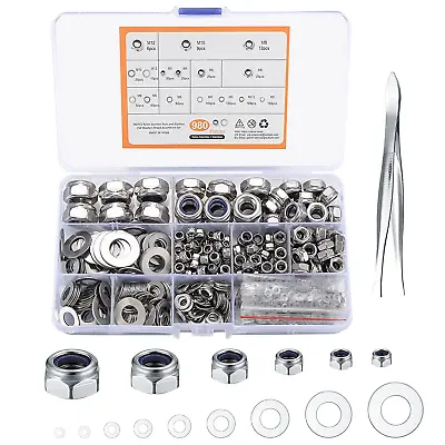 980 Pcs Metric Hex Lock Nuts With Flat Washers Assortment Kit Stainless Steel • $19.46