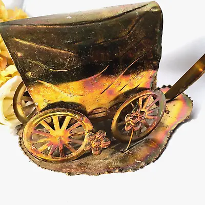 $7.87 • Buy Old West Copper Covered Wagon Metal Brutalist Sculpture W/ Flowers & Fence