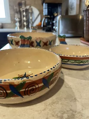 Vintage Handmade Mexican Red Clay Pottery Nesting Bowls With Handles Set Of 3. • $15.99