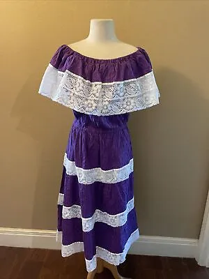 Purple Mexican Peasant Off Shoulder Dress Traditional Floral Crochet Size Lrg • $12