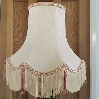 Vintage Standard / Large Table Lampshade Ivory White Damask Pink Fringed Tassels • £15