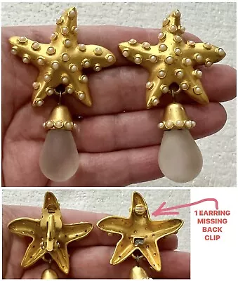 HUGE Vintage LESLIE BLOCK Gold Tone STARFISH Earrings Frosted Glass Drops AS IS • $23.50