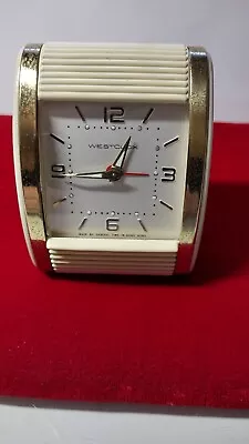 Vintage WESTCLOX Wind Up Travel Alarm Clock Cream / Gold Tone Sliding Cover • $17