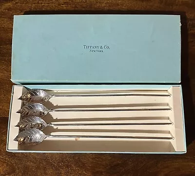 Tiffany & Co Sterling Silver Leaf Mint Julep Iced Tea Spoons Straws Box Set 4 • $450