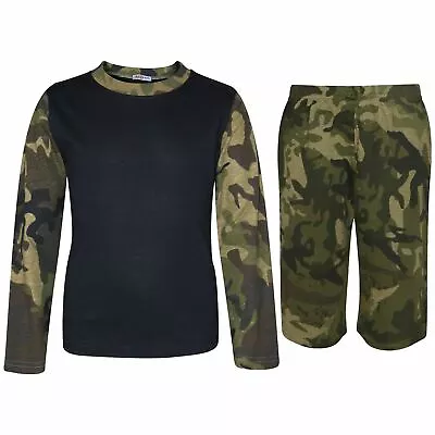 Kids Boys Long Sleeve Pyjamas Contrast T-Shirt Shorts Loungewear Age 5-13 Years • £8.99