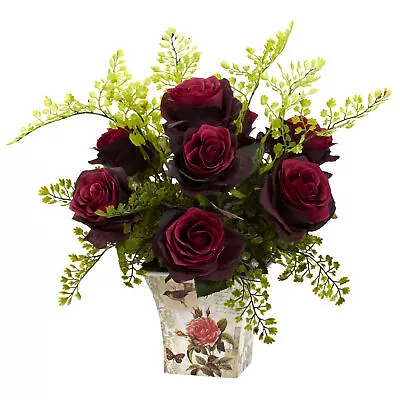 Rose & Maiden Hair W/Floral Planter Burgundy Flower Home Decor • $56.12
