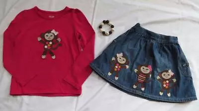 Gymboree 5 5T Appliqued Fall For Monkeys Denim Skirt Pink Top Bracelet Outfit • $46