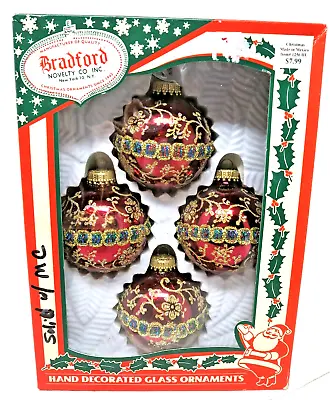 Bradford Box Of 4 Hand Decorated Glass Ornament Red & Gold Sphere's 2003 EUC • $15.99