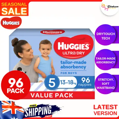 $72.14 • Buy Huggies Ultra Dry Nappies For Boys Size 5 (13-18kg) 1 Month Supply 96pk