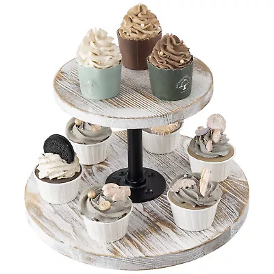 360 Degree Rotating White Wood Dessert Display Stand 2 Tier Cupcake Riser Tray • £38.56