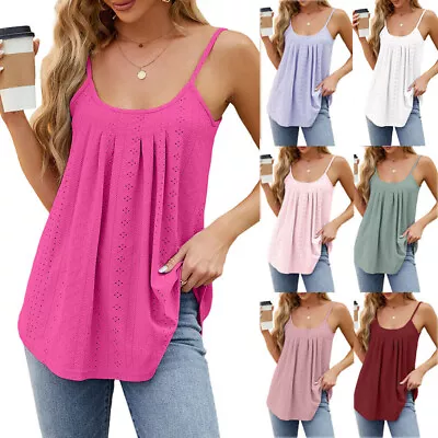 Womens U Neck Camisole Sleeveless Hollowed Flowy Tank Top Loose Fit Pleated Vest • £8.99