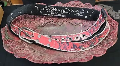 Ed Hardy Belt Vtg Rugged Cloth Skull Red Rose Scull Rhinestones Metal Buckle L • $25