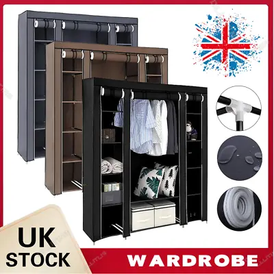 Large Canvas Fabric Wardrobe With Hanging Rail Shelving Clothes Storage Cupboard • £17.99