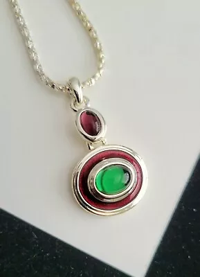 Designer Signed Monet Enamel Glass Cabochon Pendant Necklace Purple Green • $8.99