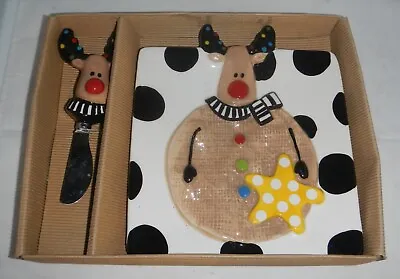Mud Pie Brand Christmas Reindeer Rudolph Cheese Plate And Spreader Knife Set • $27.59