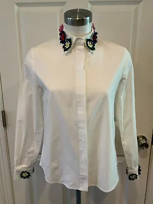 Mary Katrantzou White Button-Up Collared Shirt W/ Floral Detail Size 2 (US) • $140.40