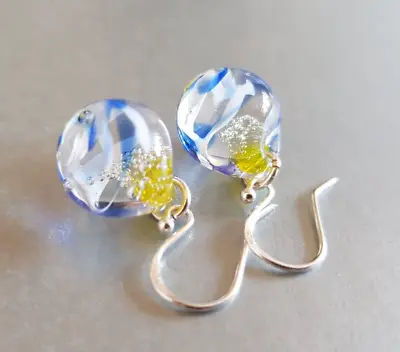 Glass Earrings Big Drops Crystal Clear Transparent Blue & Yellow Handmade • £28.49