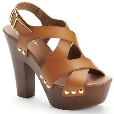 Mossimo Brown Studded Faux Leather Platform Sandals Heels Shoes Woman’s Size 9 • $15