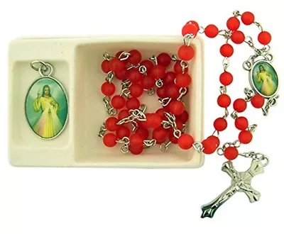 Catholic Frosted Red Acrylic Prayer Bead Rosary With Divine Mercy Medal Gift Set • $12.44