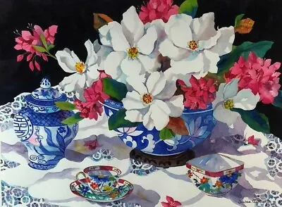 Large Exquisite Susan Mackey Painting Still Life Magnolia Chinese Porcelain • £995