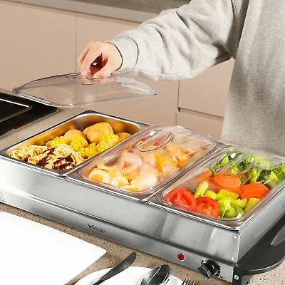 £34.99 • Buy BUFFET SERVER 2in1 ADJUSTABLE HOT PLATE TRAY S/S STEEL FOOD WARMER 300W LARGE 