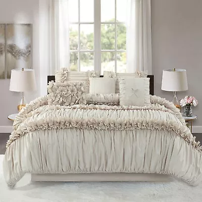 HIG 7 Piece Ruched Pleat Comforter Set White Romantic Bed In A Bag - King/Queen • $76.99