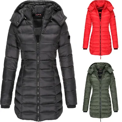 Women's Winter Long Parka Coat Quilted Hooded Warm Padded Puffer Jacket Tops • £18.86