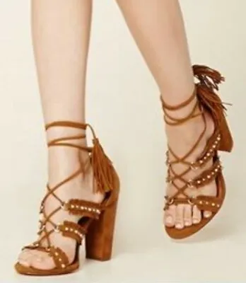 $14.25 • Buy Forever 21 Fringe Boho Heels Sandals Tan Shoes Silver Studs Wrap High Heels
