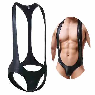 Mens Bodysuit Faux Leather Wrestling Singlet Open Butt Gay One-piece Underwear • £11.51