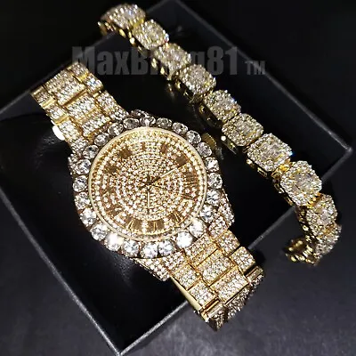 Hip Hop Gold Plated Metal Big Stone Rapper Watch & Iced Lab Diamond Bracelet • $19.99