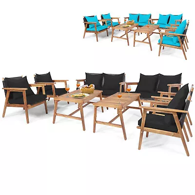 8 PCS Outdoor Acacia Wood Furniture Set W/ Soft Padded Cushions & Wide Armrests • $889.49