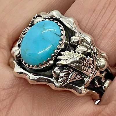 Navajo Eagle Turquoise Men's Ring Size 13 Sterling By Genevieve Francisco 11g • $79.94