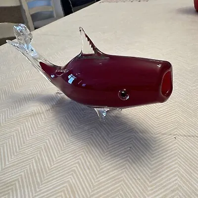 ART GLASS WIDE MOUTH 13  FISH  Whale RED /WHITE CRAFTED IN ITALY RARE • $28.99