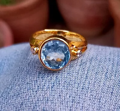 Solid 14k Yellow Gold Natural Blue Topaz Gemstone And Brilliant Cut Diamond Ring • $303.30