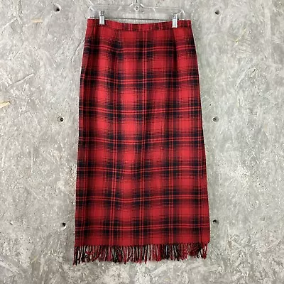 Vintage Nouveaux Size 10 Red Plaid Midi Skirt Wool Blend Fringe Elastic Back • $14.99