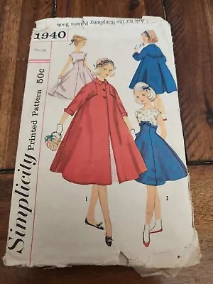 Vintage Simplicity Printed Pattern 1940 Home Sewing Child's Dress Coat Size 10 • $10.96