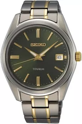 SEIKO Men's Watch Classic Titanium Quartz Two Tone Strap Green Dial Date SUR377 • $194.35