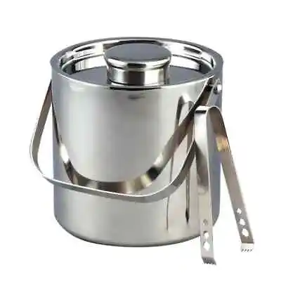 2L Ice Bucket + Tongs & Lid Insulated Double Walled Stainless Steel Cooler  • £16.45