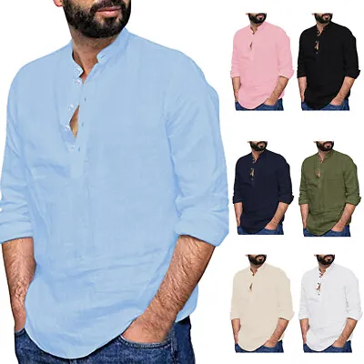 Cotton Linen Mens Half Collar Button Long Sleeve Tops Grandad Shirt Blouse Tee • £13.19