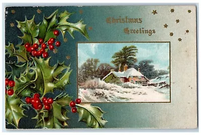 C1910's Christmas Greetings Holly Berries House Winter Square Cancel Postcard • $14.98