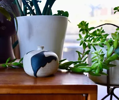 Mid Century Modern Handcrafted Vintage Ceramic White Black Drip Pottery Vase • $48