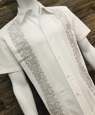 Men Mexican Guayabera Wedding Shirt White Linen Silver Embroidery Short Sleeve • $65