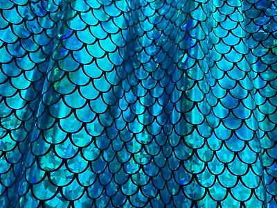 MERMAID Scale Fabric Fish Tail Material Stretch Spandex 59  Wide Blue On Black • £0.99